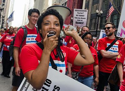 Chicago Teachers Union members on the march through downtown streets