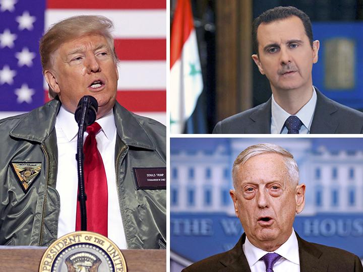 Clockwise from left: Donald Trump, Bashar al-Assad and James Mattis