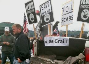 ILWU members picket on the docks in Longview, Wash.