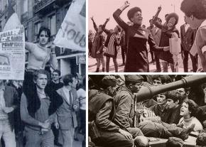 Clockwise from left: Students in the streets of Paris; a Black Panthers protest; Czech demonstrators confront soldiers