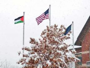 The Palestinian flag flies over the University of Vermont